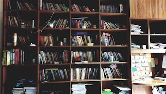 books on brown wooden shelf