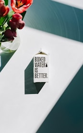 A carton labeled 'Boxed Water is Better' rests on a well-lit surface, casting a distinct shadow. To the left, a vase holds vibrant red tulips. The scene is minimalist and modern, with diagonal shadows creating dynamic lines across the white background.