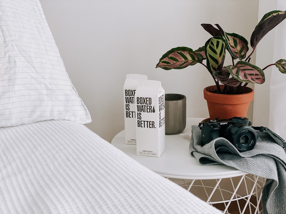 white and black labeled box beside green potted plant on white table