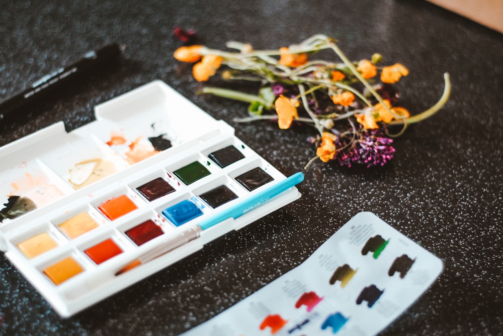 paint palette with dried flowers 