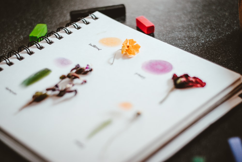 white and pink floral book