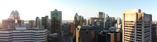 Modern city skyline with high-rise buildings reflecting sunlight