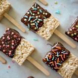 Rectangular crispy rice treats are partially dipped in chocolate and decorated with colorful sprinkles. Each treat is attached to a popsicle stick and laid out on a light-colored surface. Various shapes and colors of sprinkles add a playful touch.