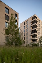 Two modern apartment buildings are surrounded by green foliage and grass. The buildings have brick exteriors with balconies and windows, set against a backdrop of a clear blue sky.