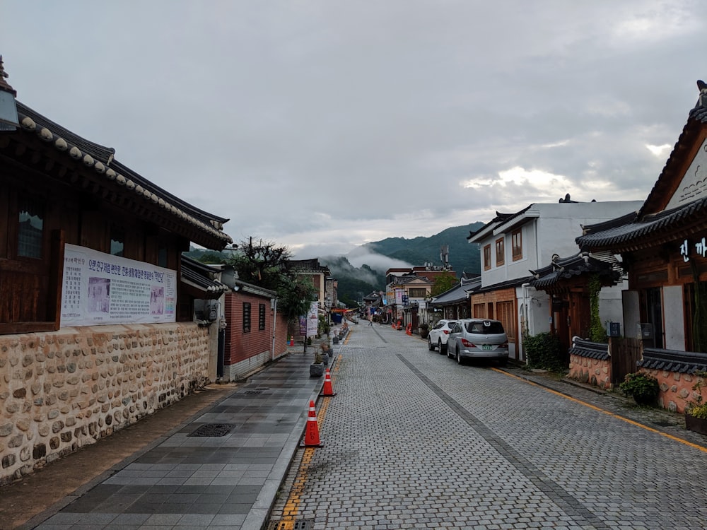 gray concrete road between houses under gray sky during daytime