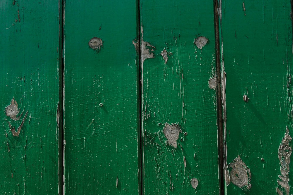 Porte en bois vert avec poignée de porte marron