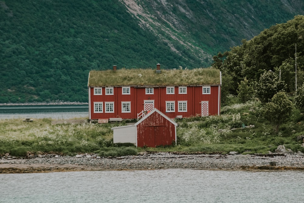 red and white wooden house near body of water during daytime