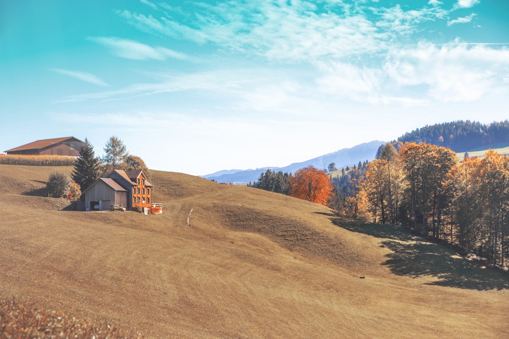 brown wooden house on brown field under blue sky during daytime