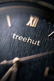 A close-up of a watch face with the word 'treehut' engraved on it. The dial features Roman numerals and sleek, minimalist clock hands, with a textured dark surface that adds depth.