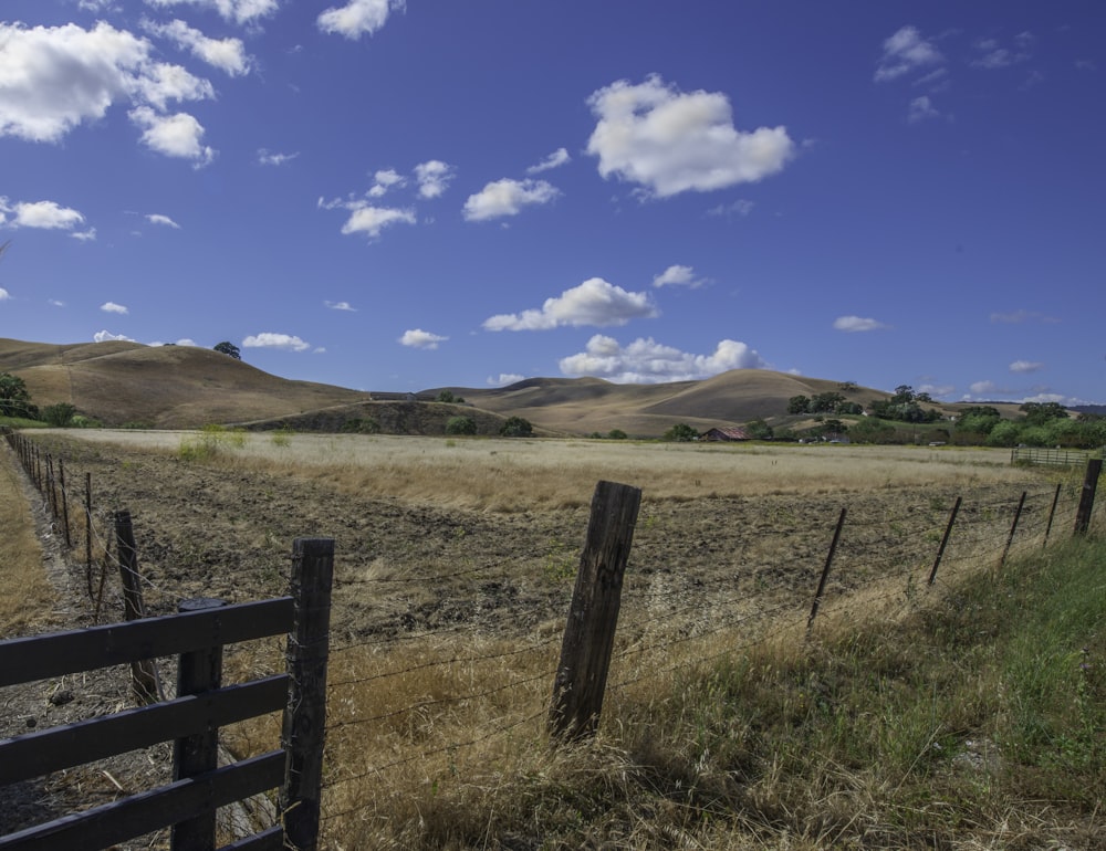 brown wooden fence on brown grass field under blue sky during daytime