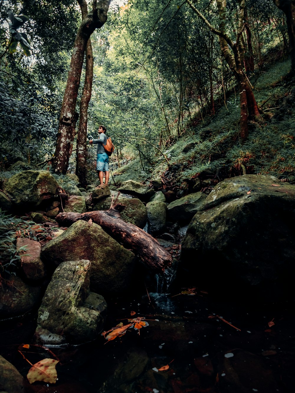 man in blue t-shirt and blue denim shorts standing on brown rock in river during