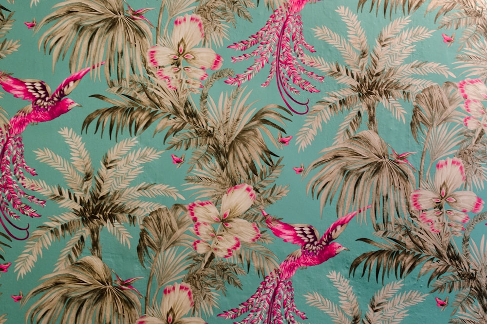 a wallpaper with pink and white flowers and palm trees