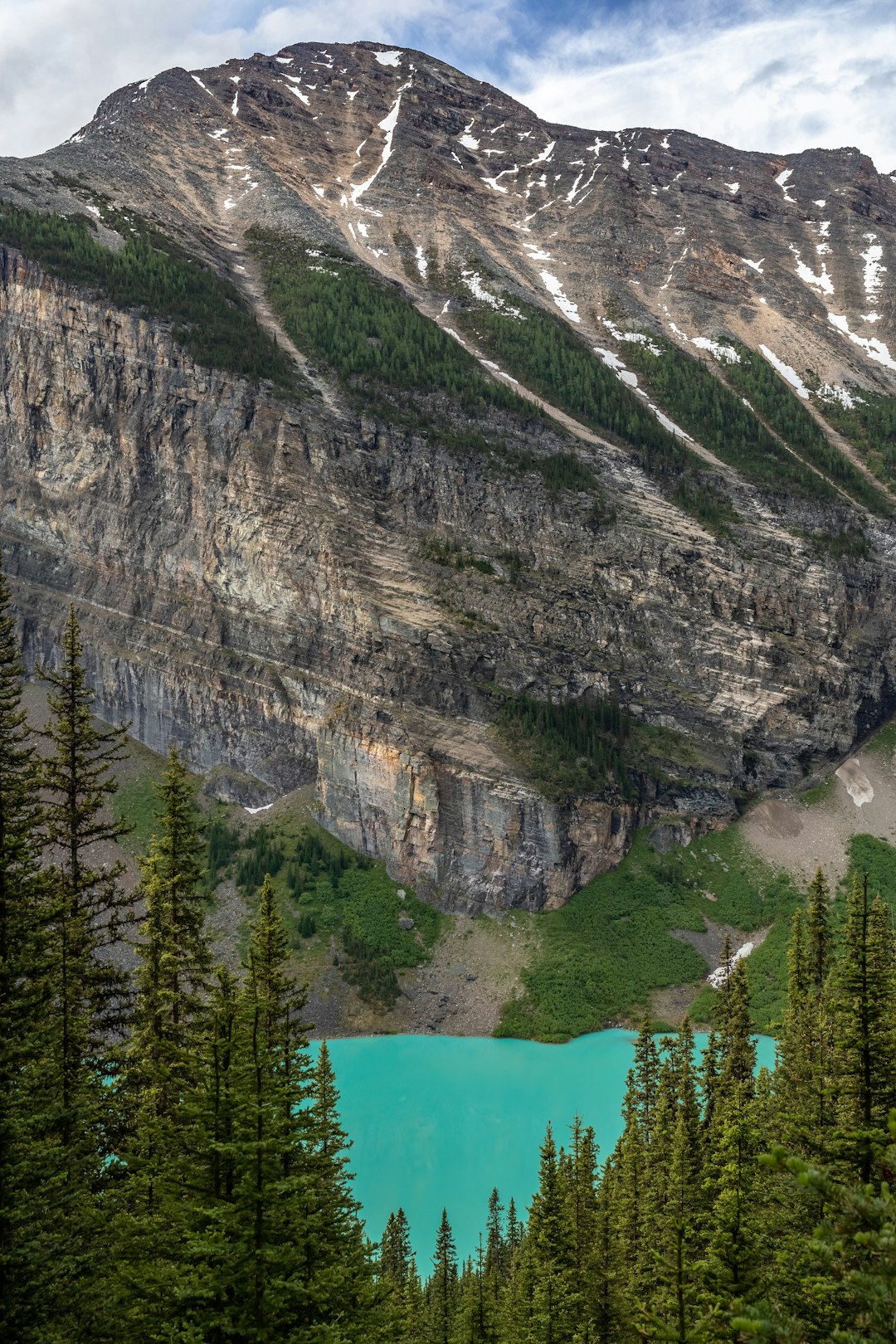 The rear part of Lake Louise as seen from the Lake Agnes Trail