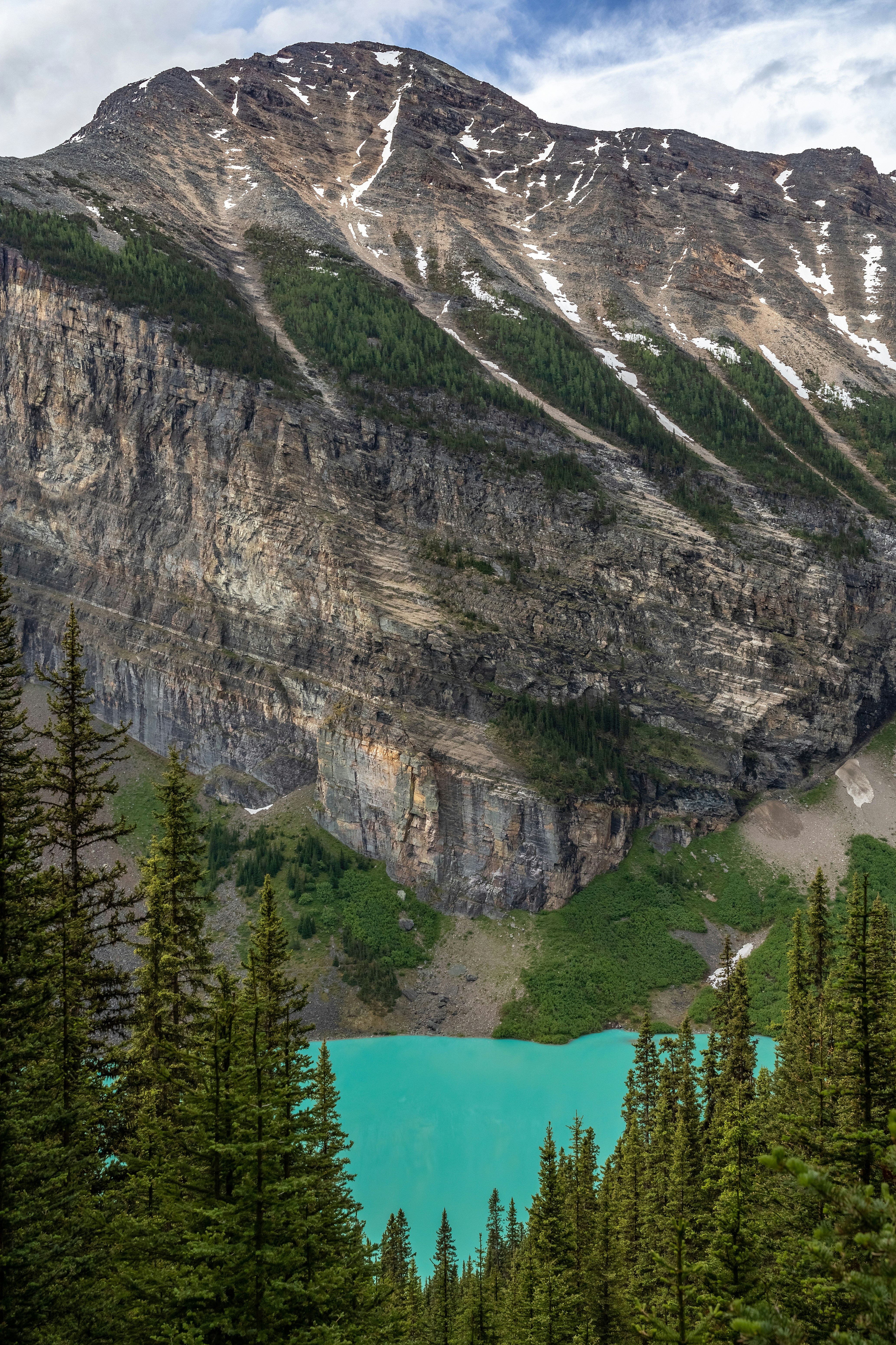 The rear part of Lake Louise as seen from the Lake Agnes Trail