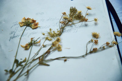 A handwritten note beside a delicate vintage flower on a plain beige background.