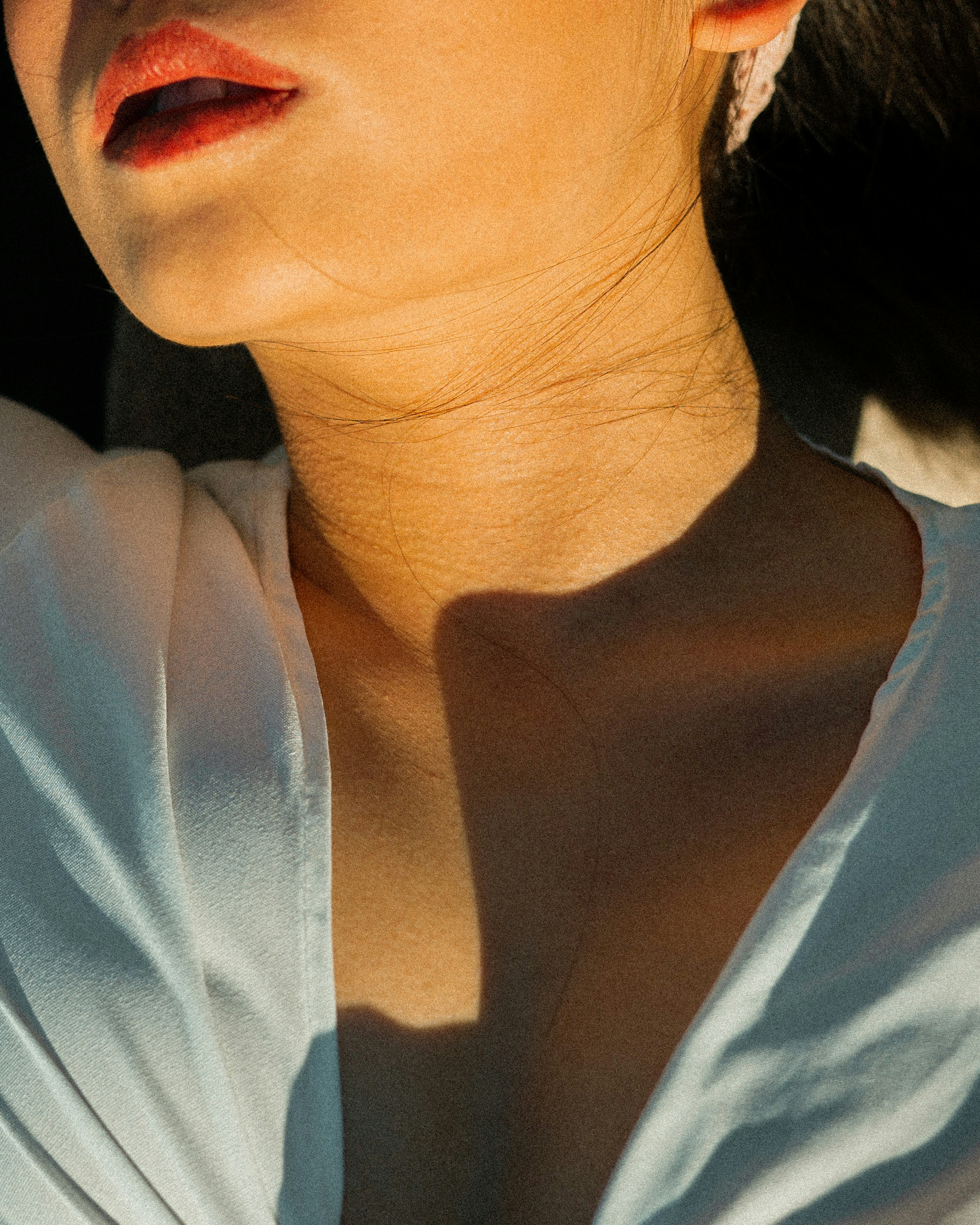 woman in blue scoop neck shirt