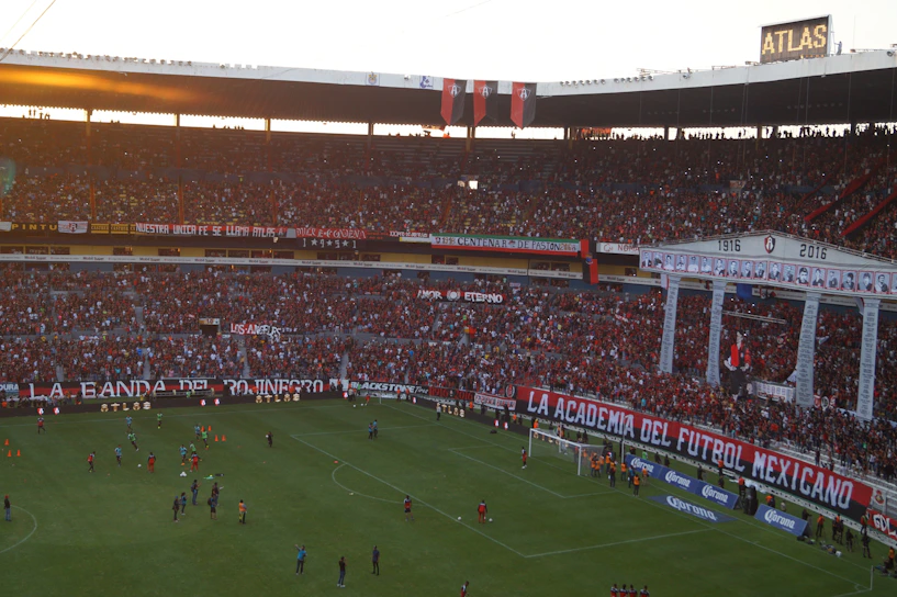 A lively crowd of football fans cheering passionately in a stadium, waving scarves and flags.