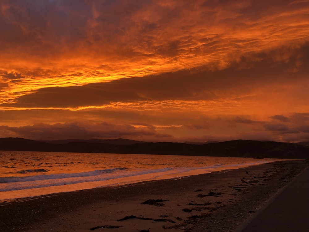 body of water under orange and blue sky