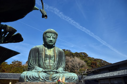 gray concrete statue on brown grass field during daytime in Kōtoku-in Japan