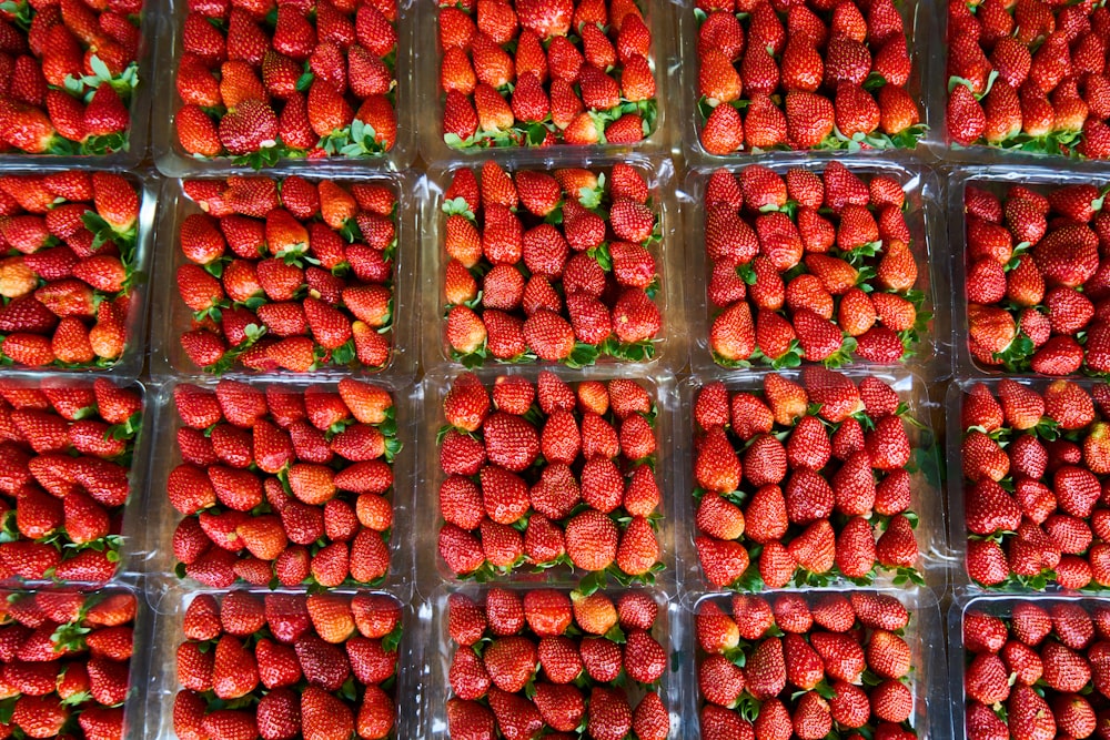 red strawberries in clear plastic containers