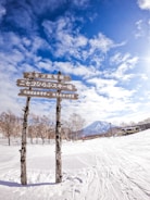 brown wooden bench on snow covered ground under blue and white cloudy sky during daytime