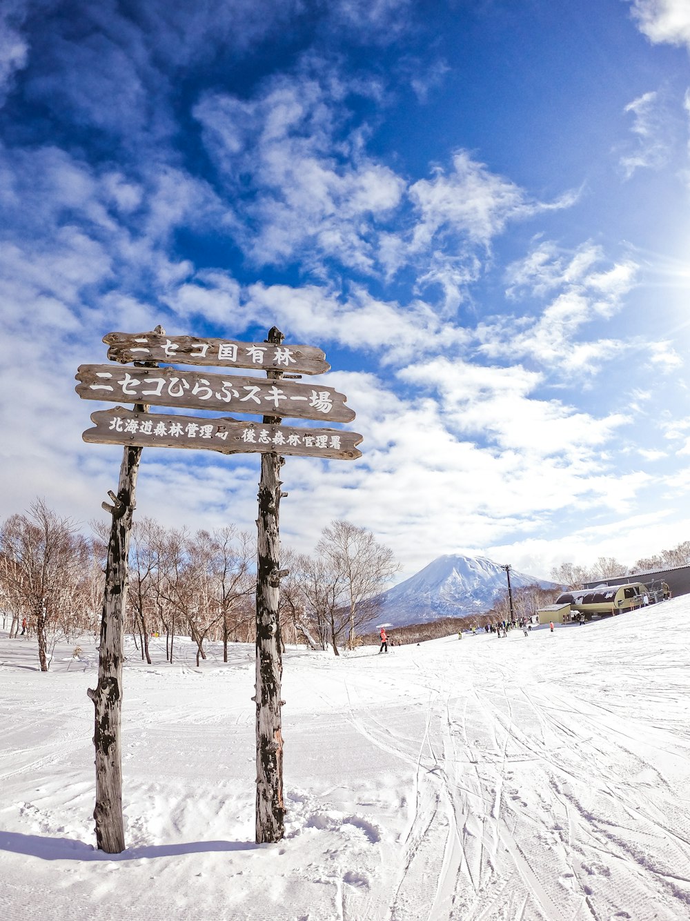 panchina di legno marrone su terreno coperto di neve sotto cielo nuvoloso blu e bianco durante il giorno