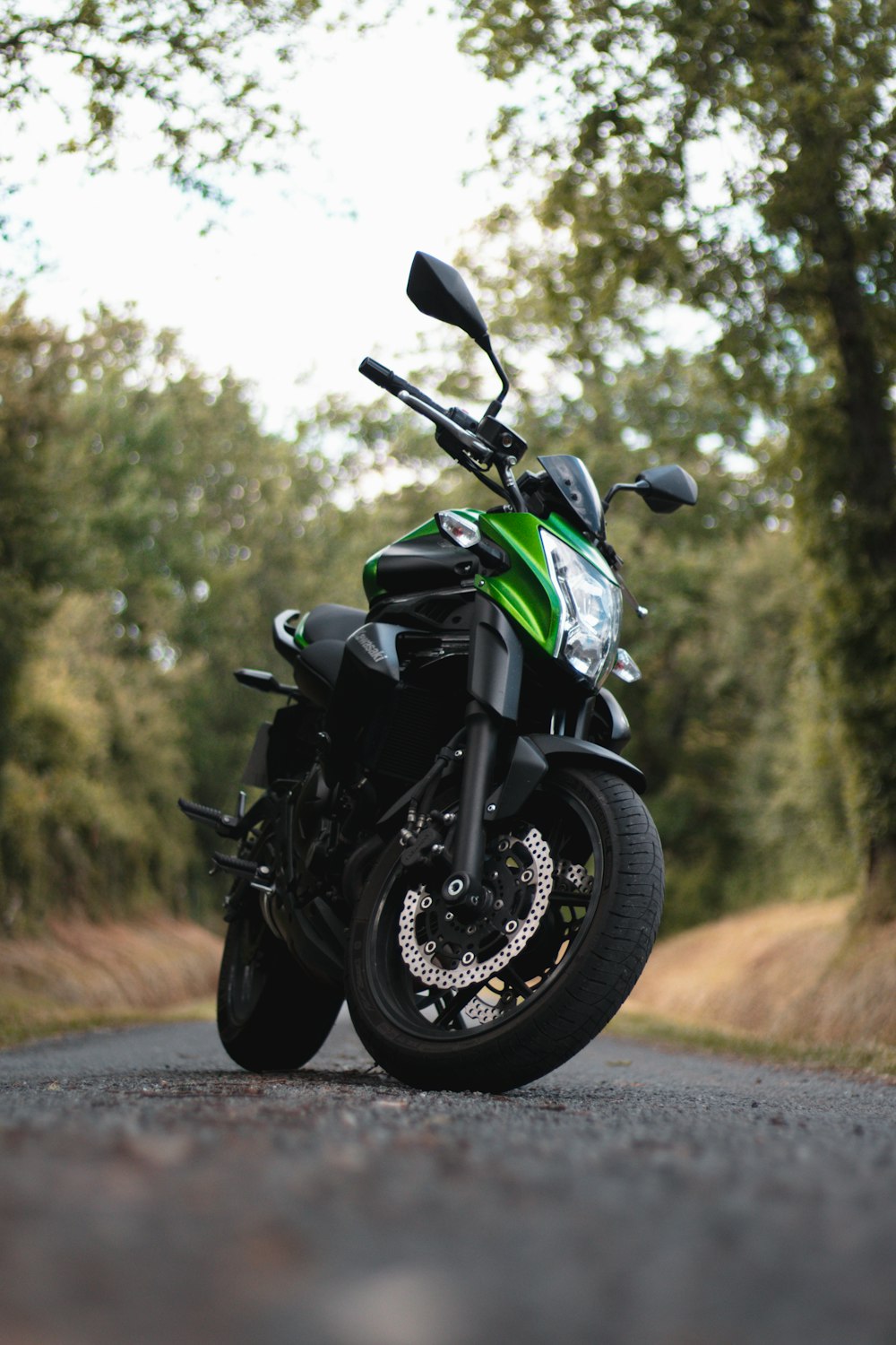 낮 동안 도로에 검은 색과 녹색 오토바이