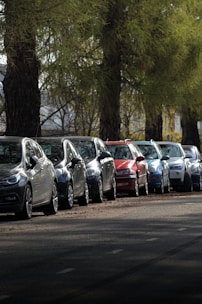 A row of various cars parked outdoors under natural light.