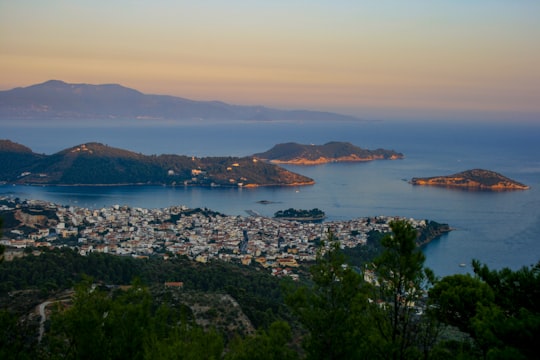 aerial view of green trees near body of water during daytime in Skiathos Greece