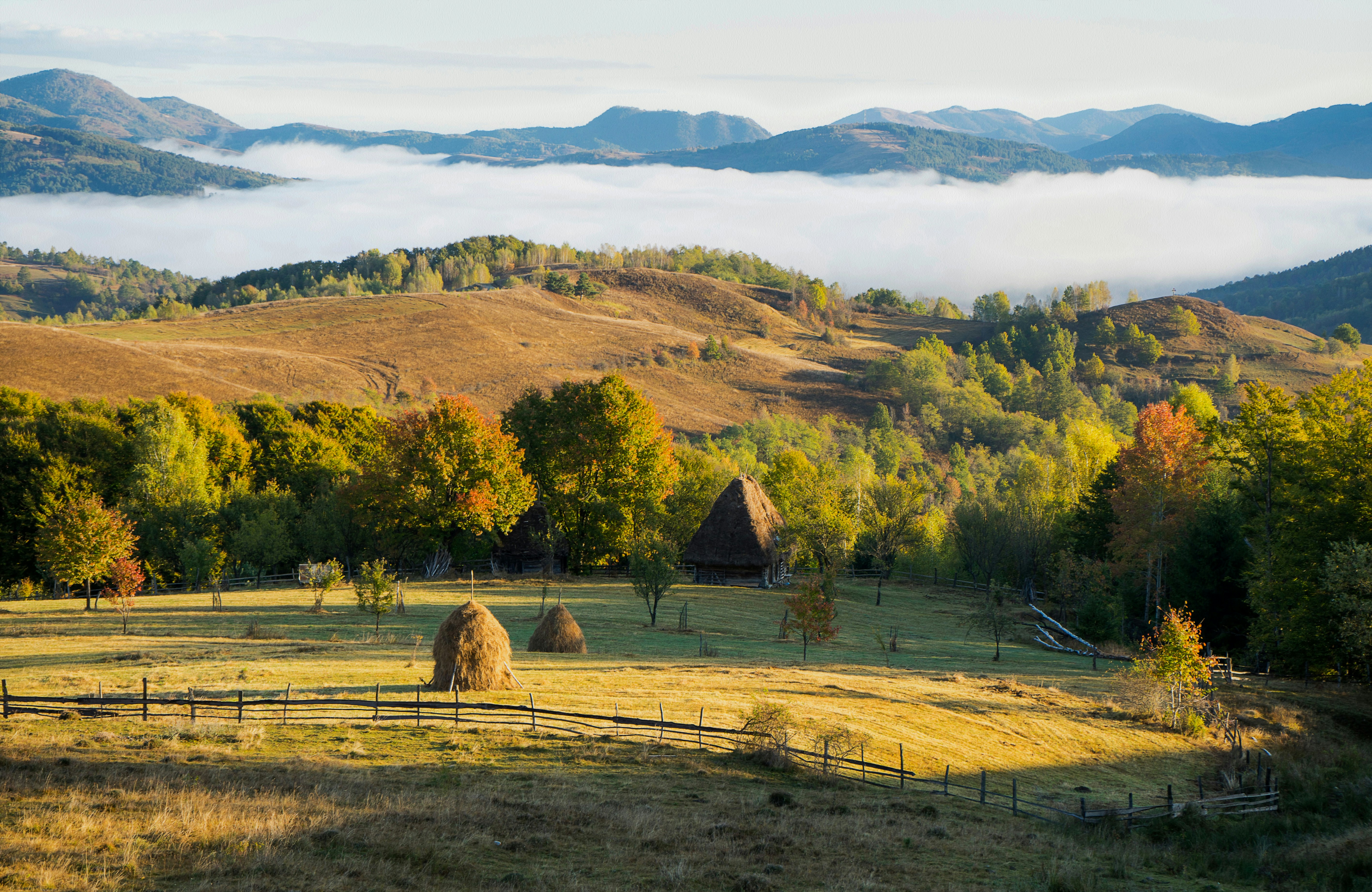 A field with hay bales in the foreground and mountains in the ...