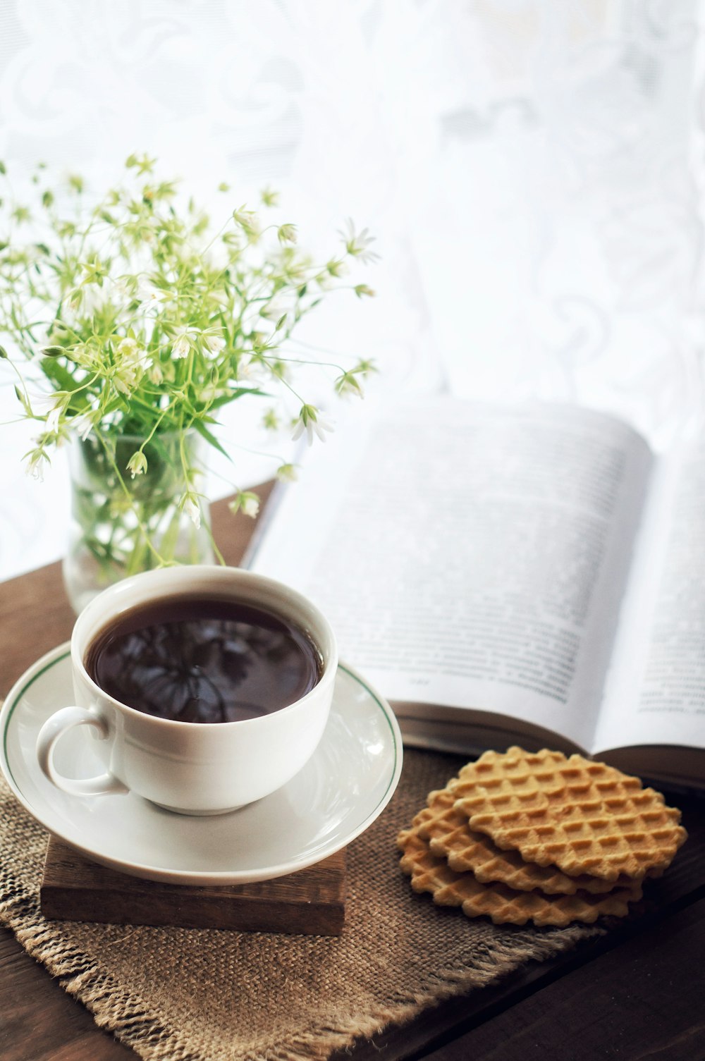 white ceramic cup with saucer beside brown cookies