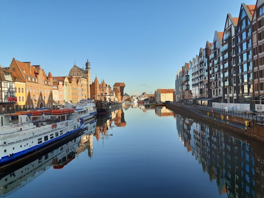 white and blue boat on water near city buildings during daytime in Green Gate Poland