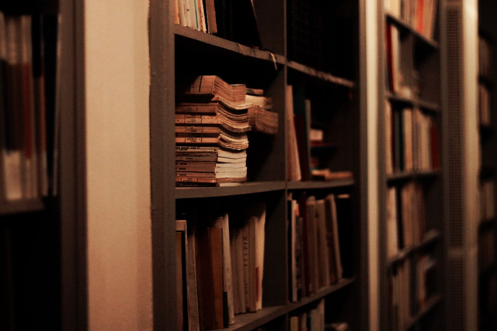 books on brown wooden shelf