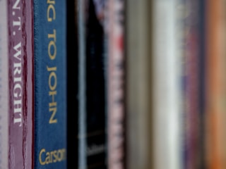 Close-up of a hand selecting books from a curated shelf.