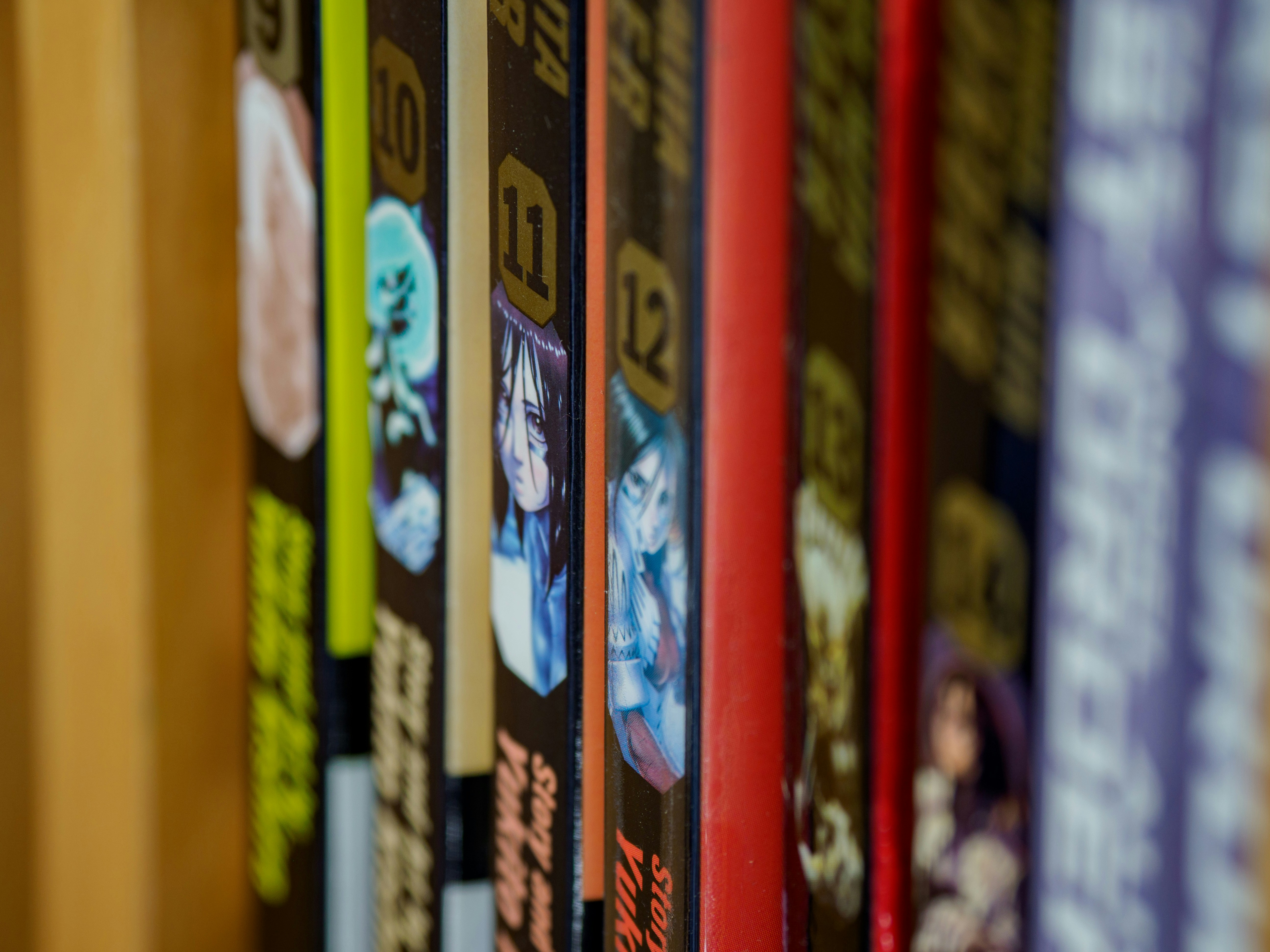 close up, bokeh, macro, blur, blurred background, close focus, alita, alita manga, alita book, alita graphic novel, book, book spines, book spine, manga, 