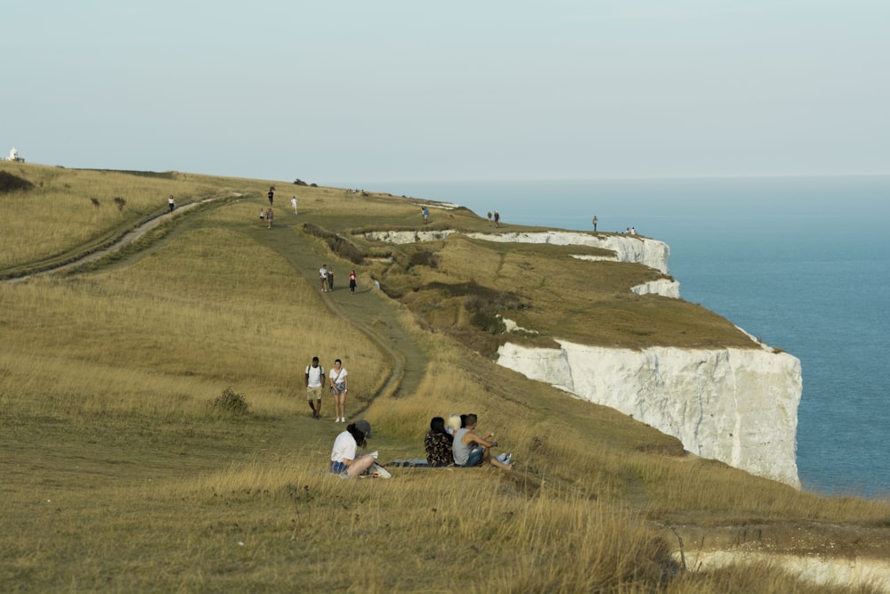 people sitting on green grass field near body of water during daytime