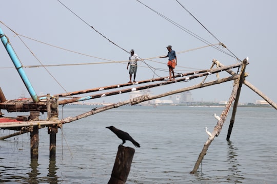 man in blue shirt and black pants standing on brown wooden bridge during daytime in Kochi India