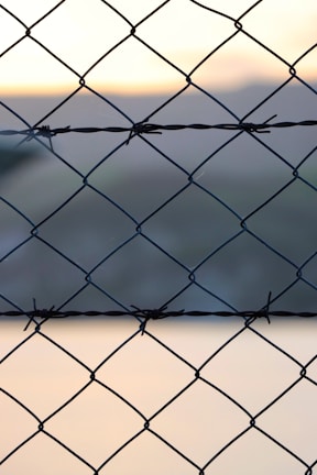 A close-up view of a chain-link fence made of metal wire. The fence features diamond-shaped patterns with knots and some barbed wire intertwined. The background is blurred, showcasing soft hues of sunset or sunrise lighting.