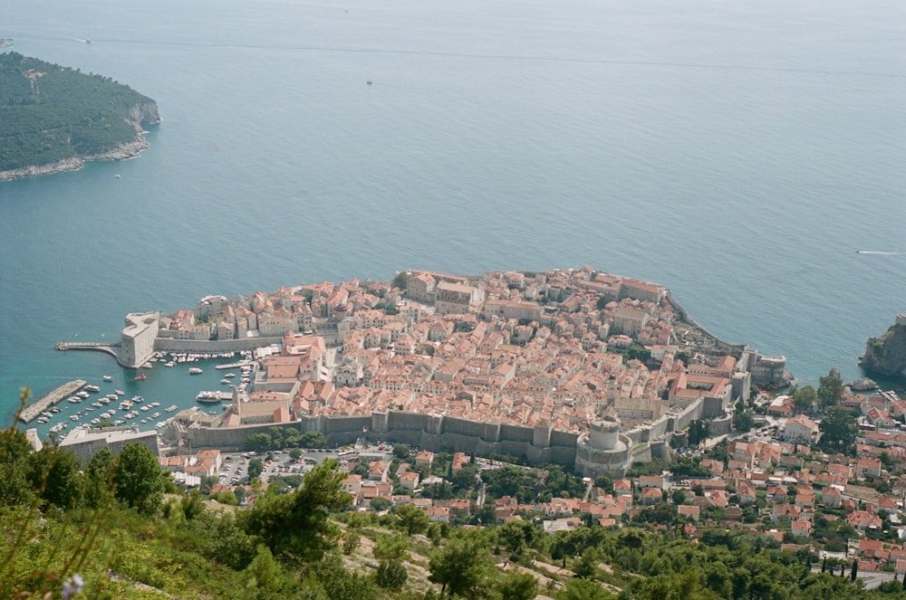 aerial view of city buildings near body of water during daytime