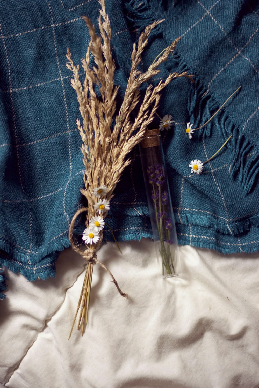 brown and green plant on blue denim textile