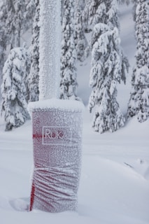 A snowy landscape featuring heavily frosted trees and a snow-covered signpost with the label 'Ruka'. The sign appears to be wrapped partly in red material, which is visible amidst the frost.