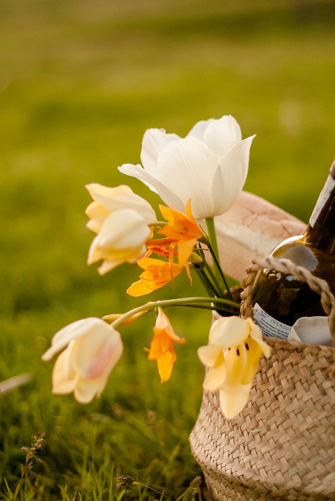 white flowers in brown wicker basket