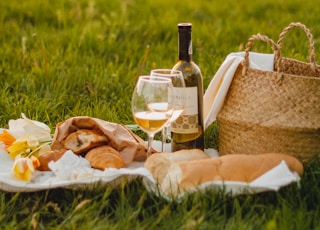 clear glass bottle beside brown wicker basket on green grass during daytime