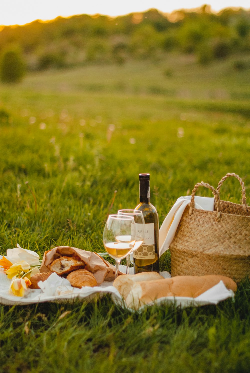 clear glass bottle beside brown wicker basket on green grass during daytime