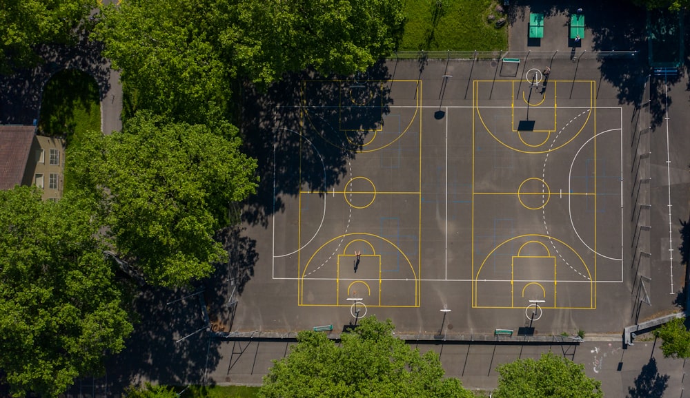 aerial view of green trees and gray concrete road