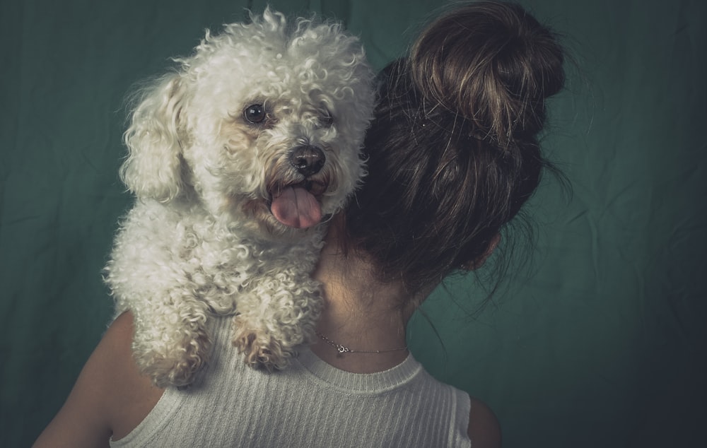 woman in green shirt holding white long coated small dog