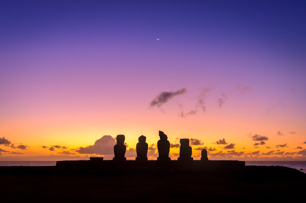 silhouette of people standing on field during sunset