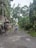 A street scene after a storm with fallen branches and debris scattered on the ground. A person wearing a blue vest is walking away while holding a broom, likely engaged in cleaning efforts. Buildings line the street with partially damaged facades.