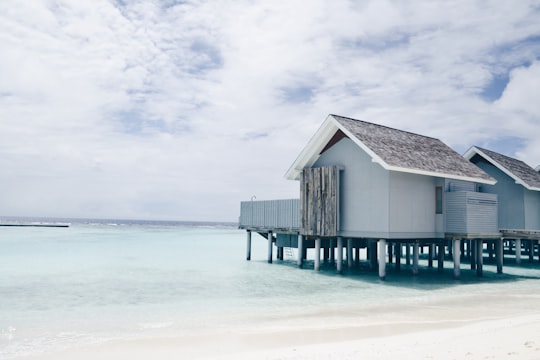 brown wooden house on sea shore under white clouds during daytime in Kuramathi Maldives