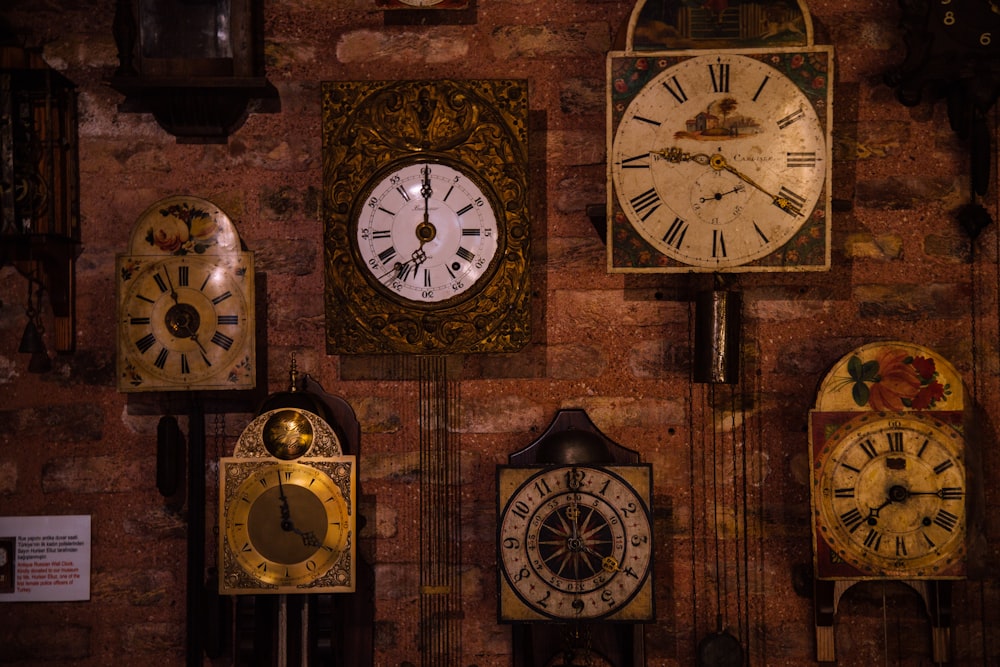 brown and white analog clock